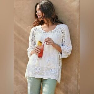 Soft Surroundings 2-pc white rosette lace crotchet embroidery boho top Large